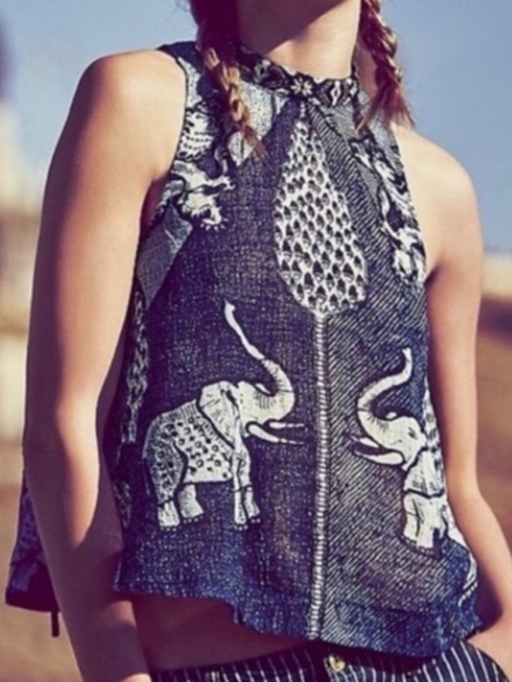 Free People Baby Ride Easy Elephant Gauze Tank Top Blue Small